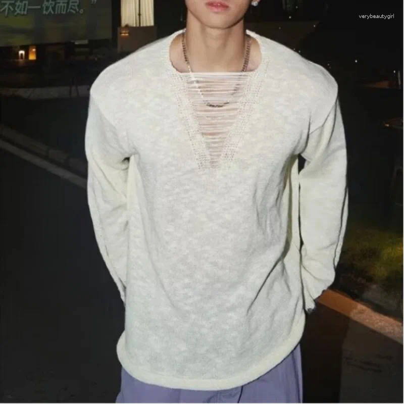 Ponts-pulls pour hommes Spring and Automne Croweater Couleur solide Deep Vazy Style Pullover mince de design destructeur Top