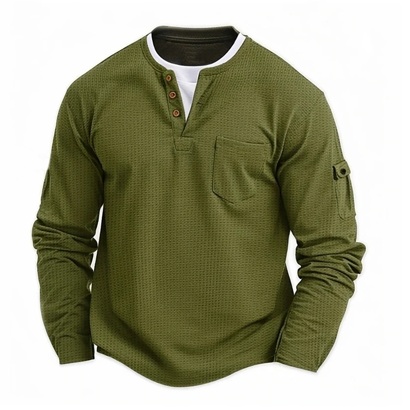 Mens Button Henley neck Shirt Long Sleeve Casual Button Solid color TShirt Fashion Waffle Cotton Fake twopiece TShirt250918
