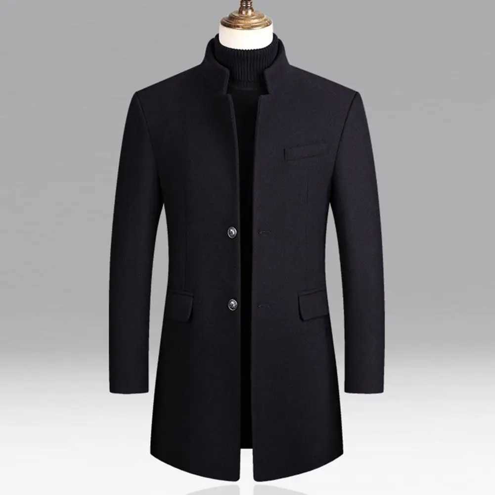 Manteau en laine masculine mi-longueurs trench coat trench poche d'hiver automne à poitrine simple à poitrine de vent de vent de vent de veste de