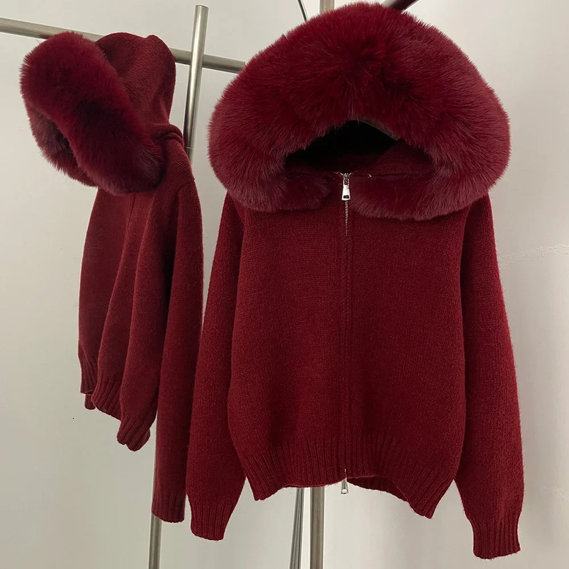 Knitwear Women Hooded Faux Fur Cardigan Spring Sweater Autumn Female Solid Knitting Coat Loose Lady Oversized 250919