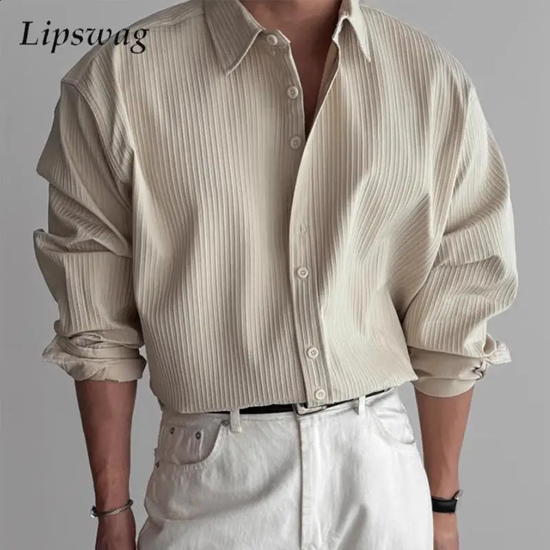 Vintage Striped Textured Shirts Men Fall Long Sleeve Buttonup Turndown Collar Casual Shirt Spring Mens Clothing Fashion 250919