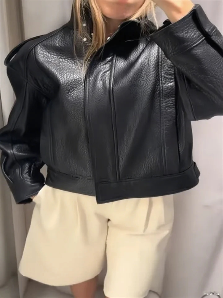 Vintage PU Leather Womens Bomber Jacket Laple Full Sleeve Zipper Pockets Coat Female Autumn Winter Fashion Street Outerwears 250919
