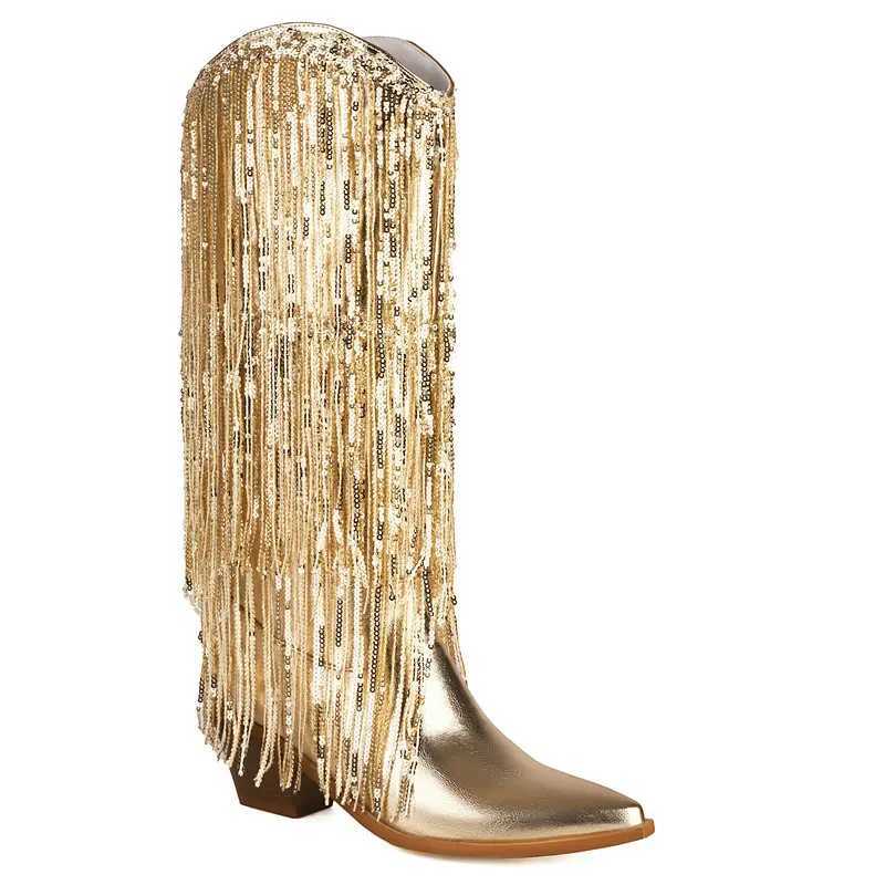 Sparkly Silver Glitter Sequins Bling Gold Western Cowboy Boots for Women With Fringes Tassels Kneehigh Wide Calf Shoes W250919