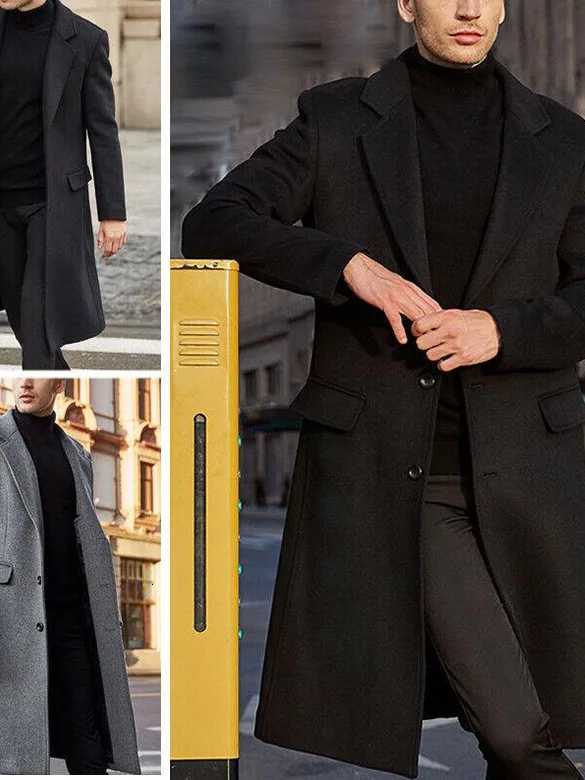 DoubleFaced Woolen Coat Long Briti Sle Mens Winter Faion Outerwear Straight Hem Single Button Closure Pure Color X250919