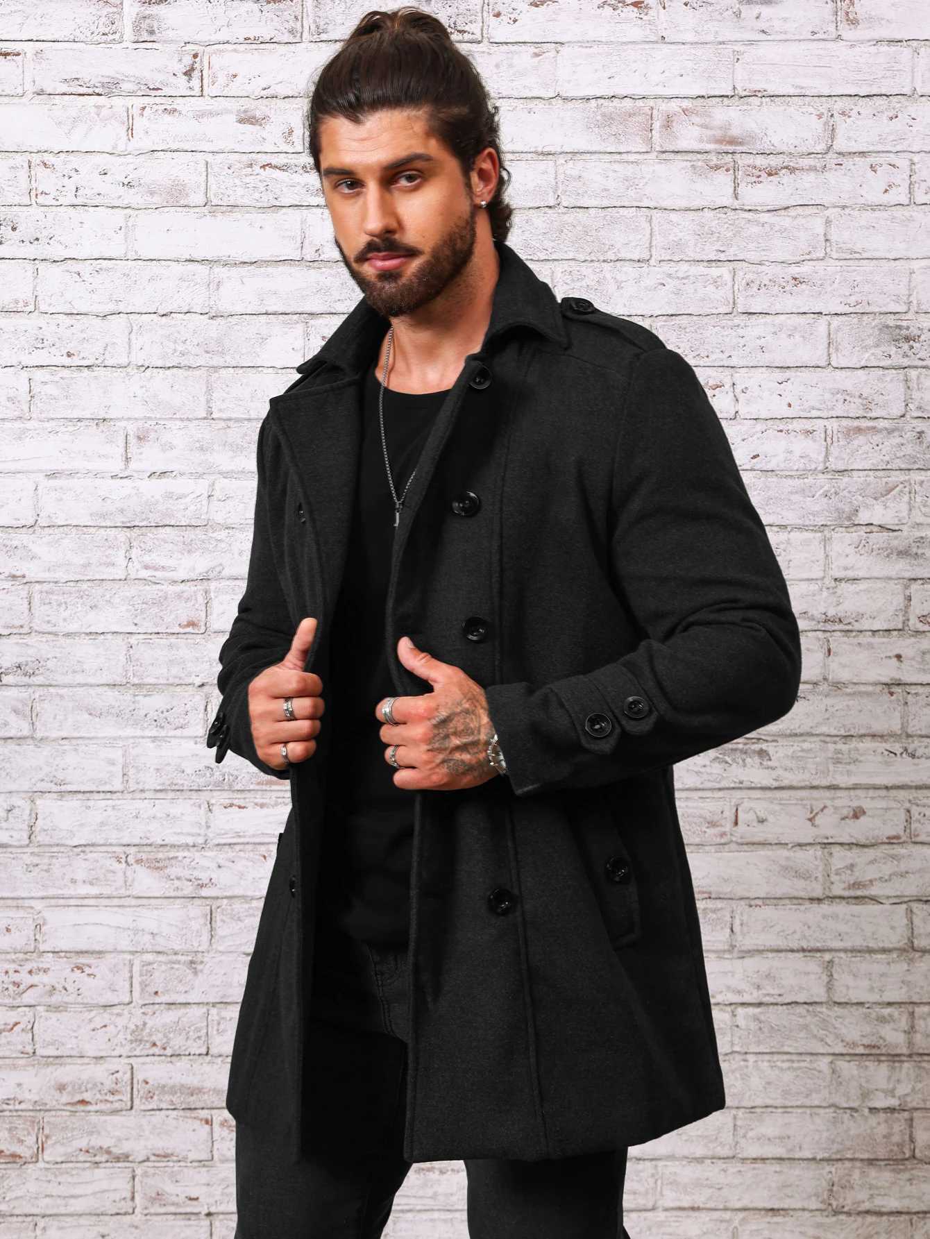 Plus Size Mens Solid Double Button Lapel Woolen Coat Regular Fit Casual Long Sleeve Pocket Outerwear for Fall Winter Men X250919