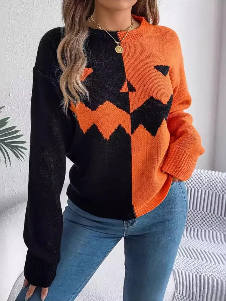 Autumn And Winter Halloween Arrival Women Sweater Ghost Pumpkin Color Block Knitted Long Sleeve Sweater Round Neck Pullover 250919