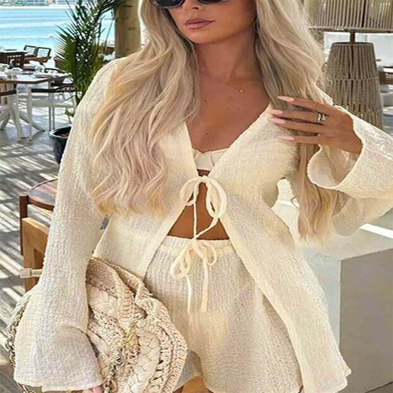 Womens Blouses Shorts 2 Piece Spring Summer Streetwear Fashion Laceup Long Sleeves Tees Sexy Two Set Clothing 250919