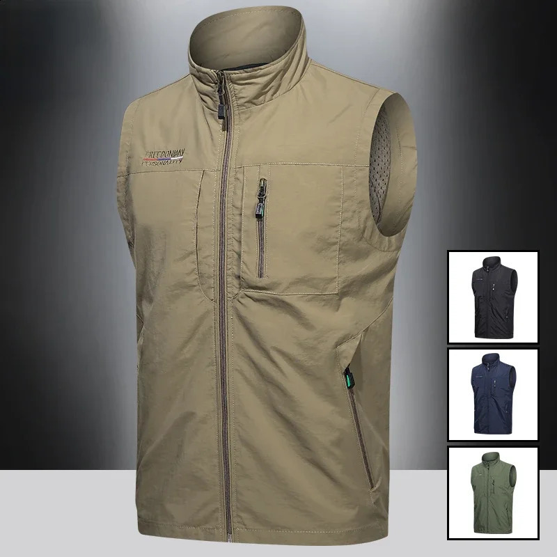 Mens Vest Thin Tooling Loose Quick Drying Outdoor Sports Multi Pocket Stand Collar Camping Fishing Vest Summer 250919