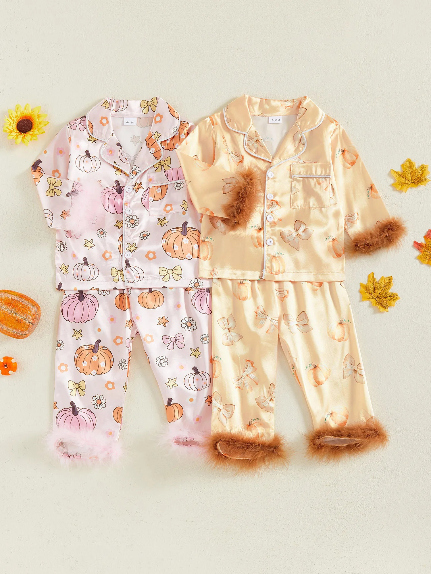 Girls Halloween Satin Pyjama Ensemble avec des manches longues à manches longues imprimées en sorcière Vers de cou et pantalon pour les tout-peti