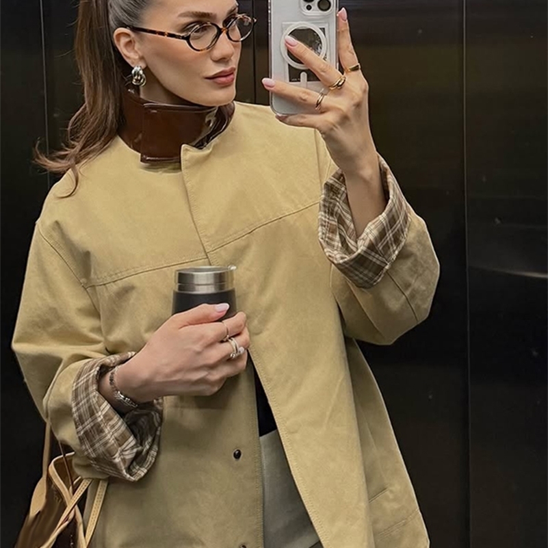 Retro PU Leather Collar Jacket Women Casual Loose Khaki Patchwork Stand Collar Button Trench Jackets Chic Versatile Streetwear 250918