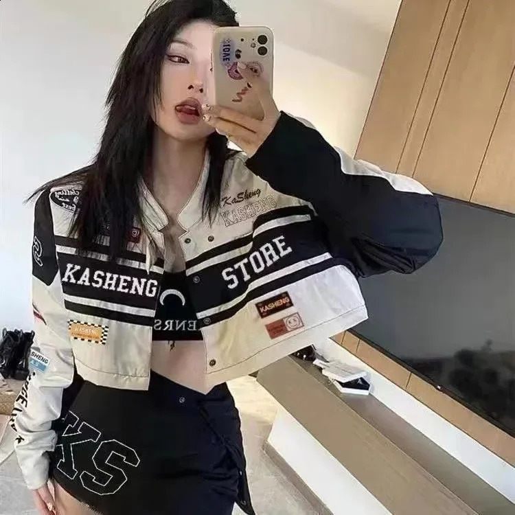 Vintage American Racing Motorcycle Baseball Jacket Outerwear Womens Autumn Thin Detachable Couple Set Stand Collar Full Sleeve 250919