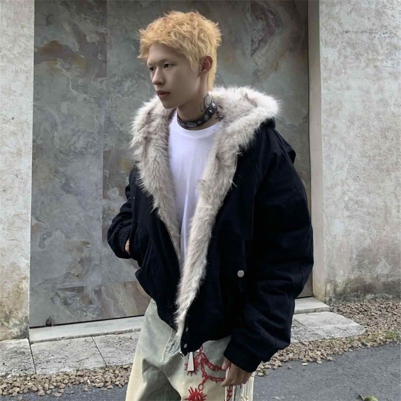 American rétro en laine à capuche coton veste en coton hiver en peluche épaisse haut de basse hiphop