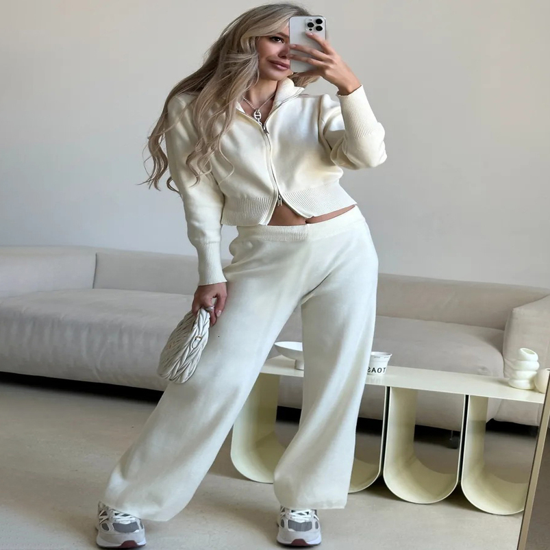 Blubelle Womens Knit Zip Up Cardigan Wide Leg Pants Set Soft Fabric Cropped Elastic Waist Autumn Winter Fashion Sweater 250919
