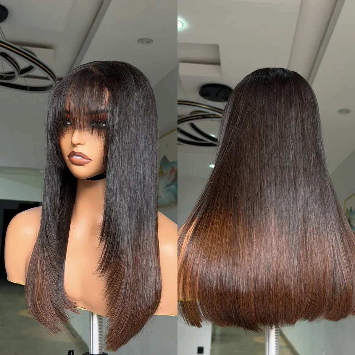 Bangs Super Double Drawn Fringe Layered Bob Wig Human Hair Ombre Black Brown 13x6 Hd Lace Frontal Wig Wear And Go Daily for Woman Glueless Cosplay