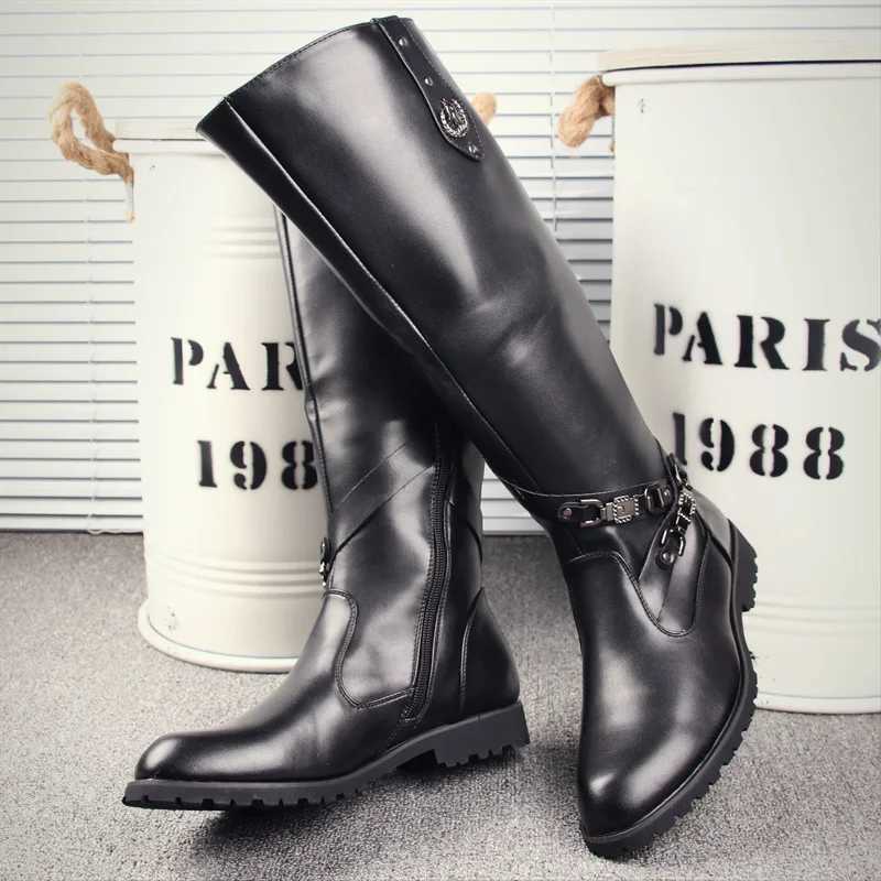 Bottes hautes créatrices de marque italienne pour hommes chaussures de cuir originales de mode punk rock cowboy long botte noir tendance moto bot