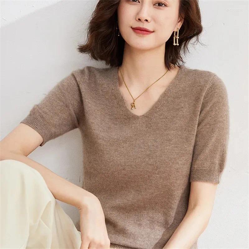 Women's Sweaters 2025 Short Sleeve Women Sweater Pullover Fashion Merino Wool Basic Tops V-Neck Spring Sumer Autumn Jumper Knitwear Clothing