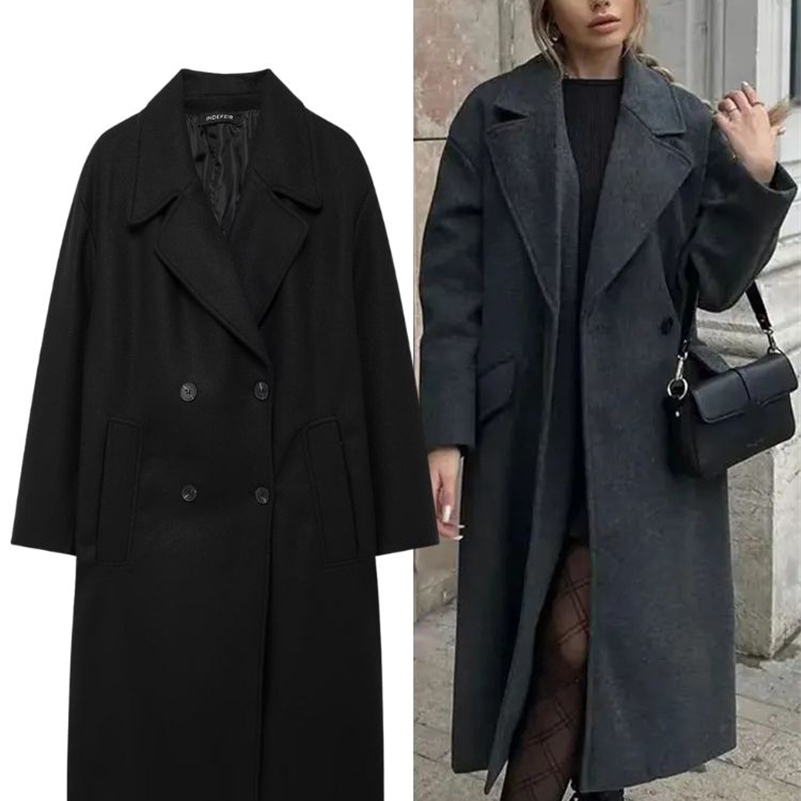 Trafza 2025 Vintage Femmes chaudes épaisses de laine épaisse revers massive à double poitrine longue cardigan femelle veste pokcet streetwear 250