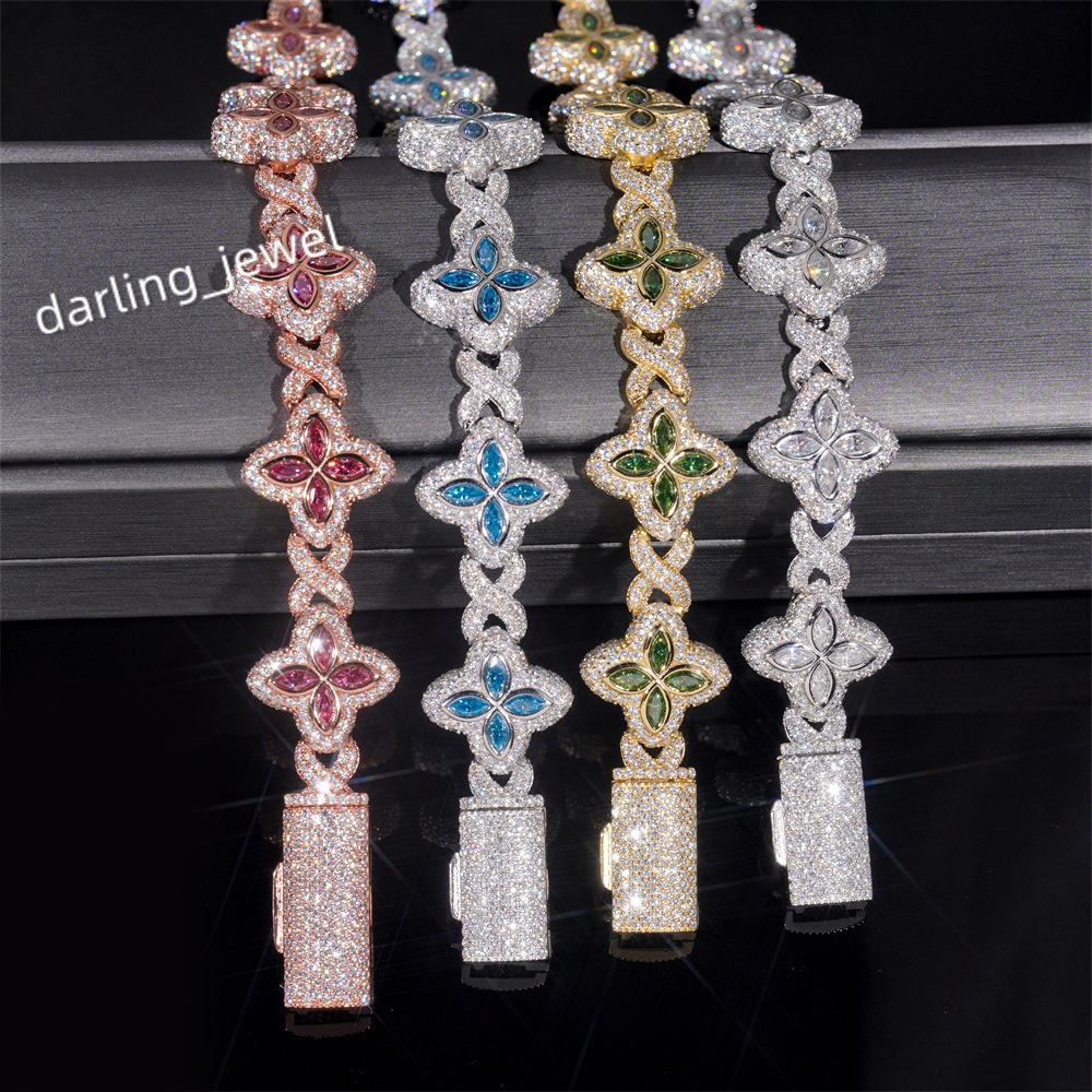 Luxury 18mm 925 Silver VVS Moissanite Bracelet Custom Iced Hip Hop Jewelry with Marquise Flower Design Colorful Cuban Link Chain