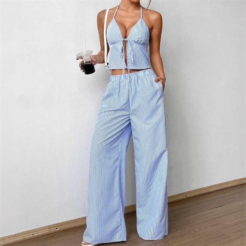 Two Piece Sets Womens Outifits Summer Fashion Temperament Striped Printed Vest Top Straight Leg Pants Casual Suits 250918
