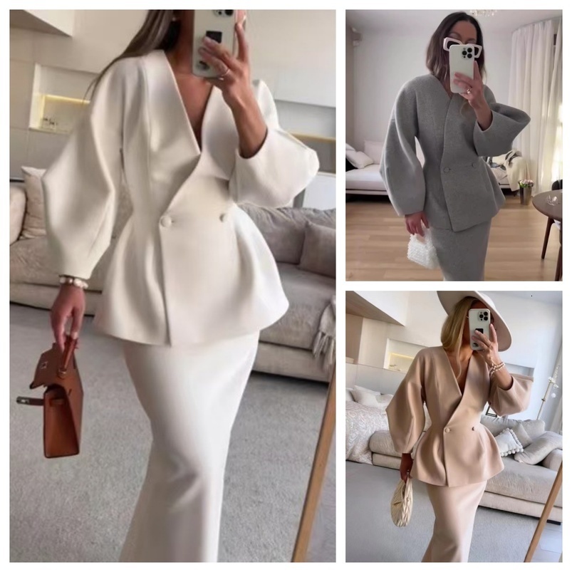 Elegant Blazer Coat Skirt Set Women Slim Vneck Long Lantern Sleeve Jacket Top Midi Skirts Suits 2 Pieces Office Chic Outfits 250919