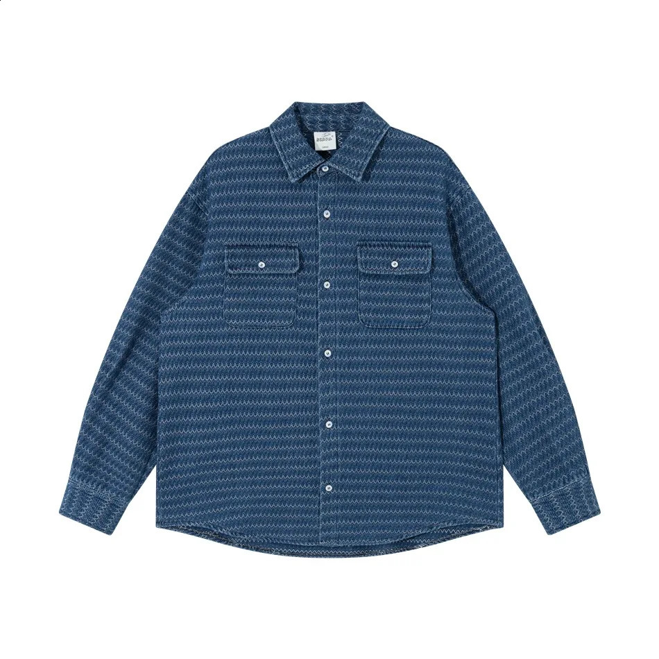 Ethnic Retro Stripe Washed Denim Shirt Men Streetwear Loose Casual Long Sleeve Jeans Shirts Jacket Cityboy Oversize Blouses Coat 250919