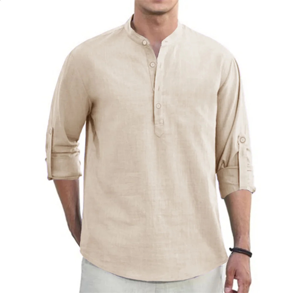 Tshirt de lin en coton d'automne printemps pour les hommes Couleur solide à manches longues Henley Necy respirant le bouton décontracté pour homm
