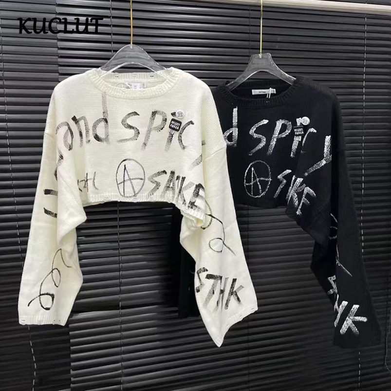KUCLUT Autumn Fashion Letter Printed Knitted Short Tops For Women High Street Versatile Loose Pullovers Female 1A533 250919