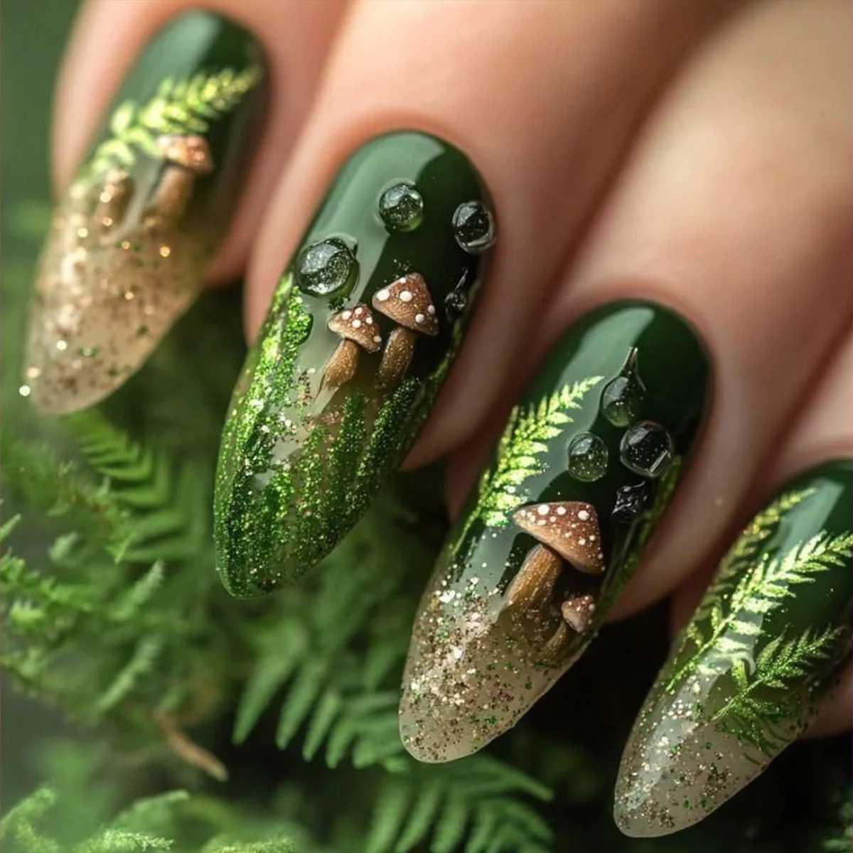 24Pcs Midlength Almond Press on Nails with Green Forest Mushroom Design Fake Nail Shiny Powder Finished Wearable False Nail Tip W250919