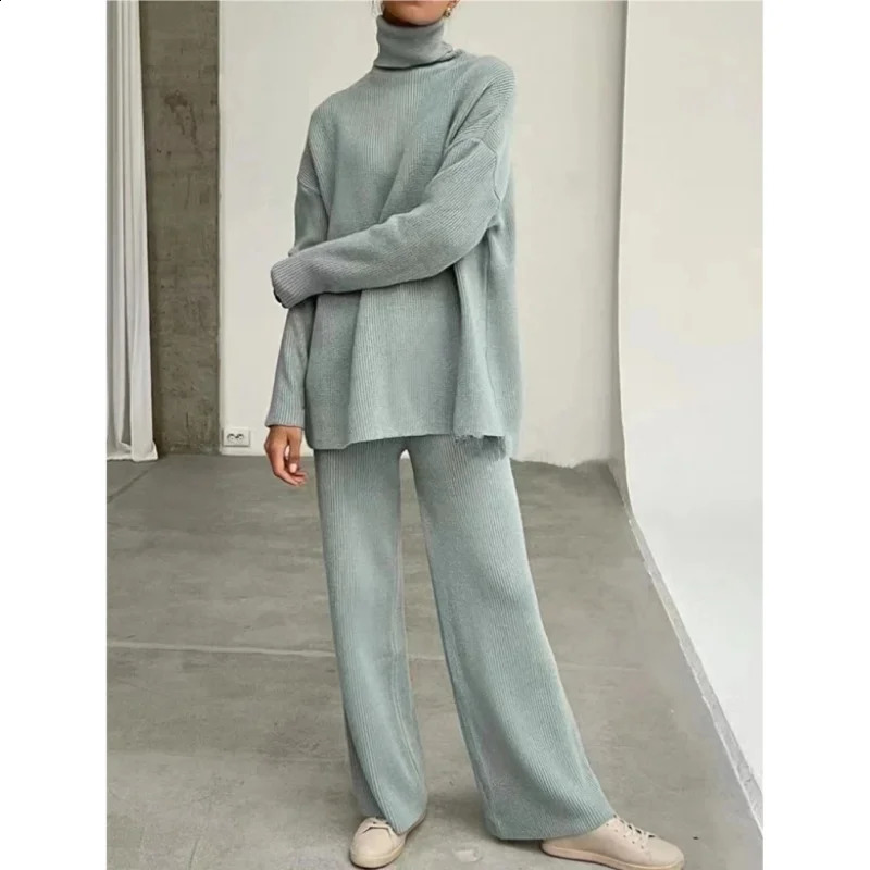REALEFT Autumn Winter 2 Pieces Pants Sets Knitted Tracksuit Turtleneck Sweater and Wide Leg Jogging Pullover Suit 250919