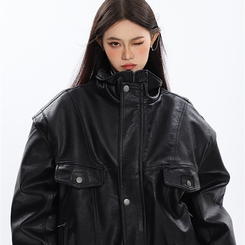 Nerazzurri Spring Autumn Oversized Cool Windproof Thick Black Pu Leather Jacket Women Zip Up Unisex Clothes 250918
