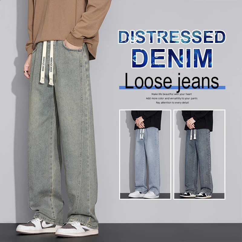 Mens Elastic Fabric Distressed Loose Wide Leg Jeans 2025 Autumn Winter Y2K Millennial Straight Casual Pants Plus Size 5XL 250919