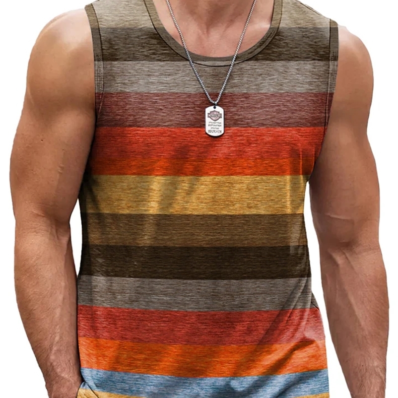 Retro Striped Graphic Tank Tops For Men Fashion Casual Summer Sleeveless 3D Printed Vest Loose Crew Neck Quick Dry Sports Tees250919