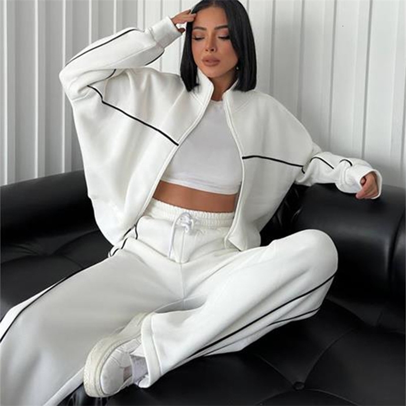 2025 Sweat-shirt Twopiece Suit Womens surdimensionné des ensembles sportifs décontractés à rayures zipperup pantalon droit de veste droite 2 pièc
