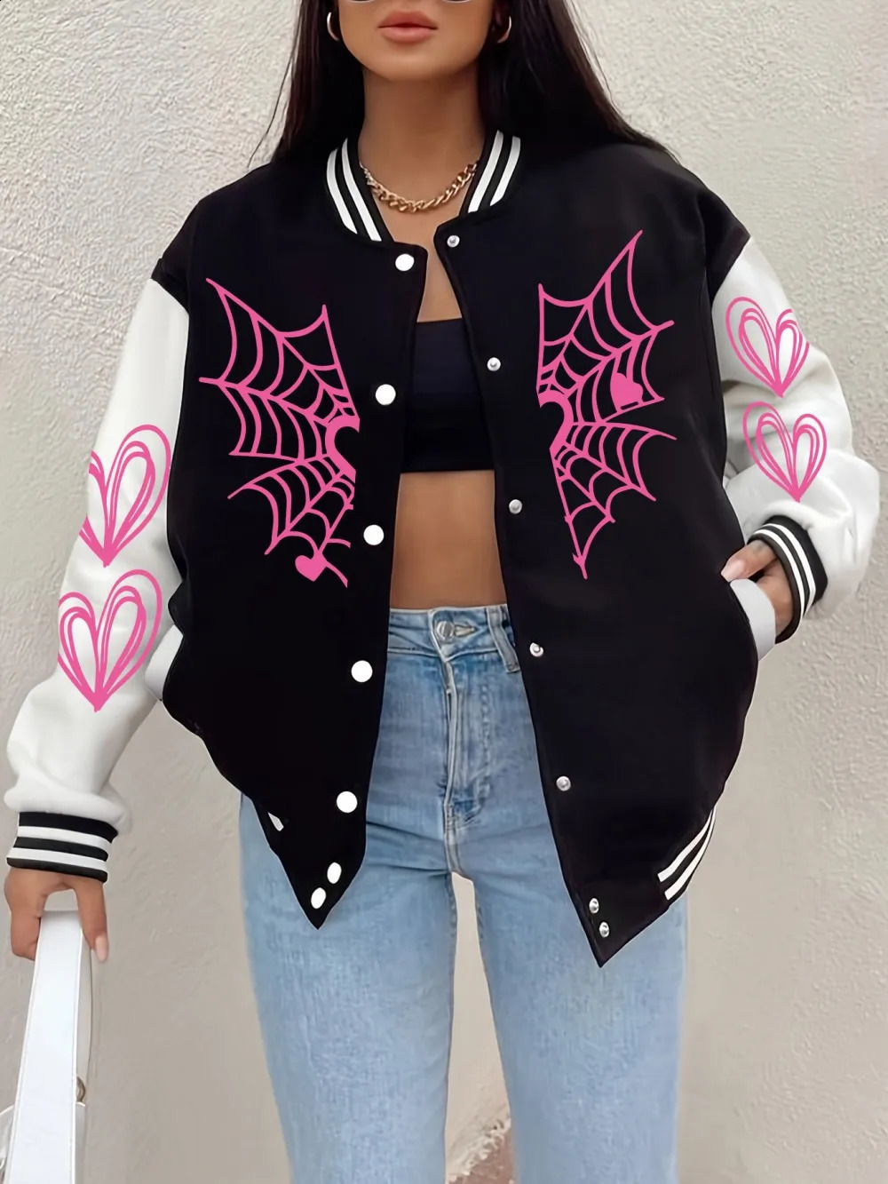 SpiderS Web Heart Printing Baseball Coat Womens Comfortable Loose Jackets Winter Fleece Warm Tops Basics Casual Womans Clothes 250919