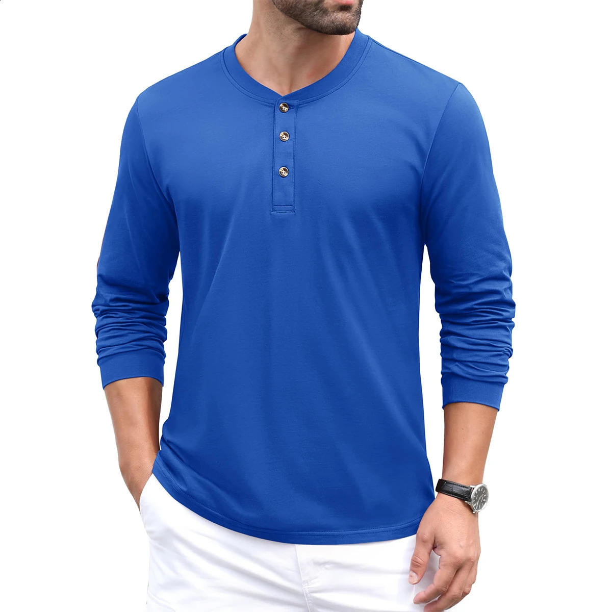 Simple Solid Color Print Mens Henry Shirt Fashion Button Long Sleeve Tops Casual Collar Tee Spring and Autumn y2k Clothes 250919