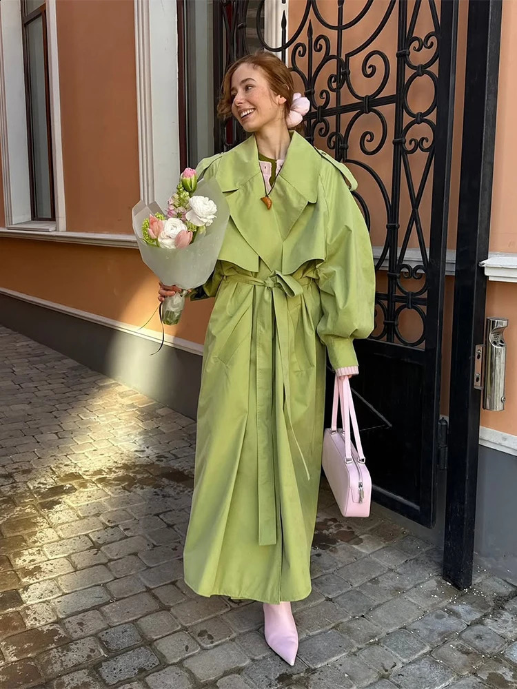 Fashion Green Lapel Trench Coats Of Woman Chic Solid Color Laceup Long Sleeve Jacket 2025 Lady Autumn Winter Outerwear 250918