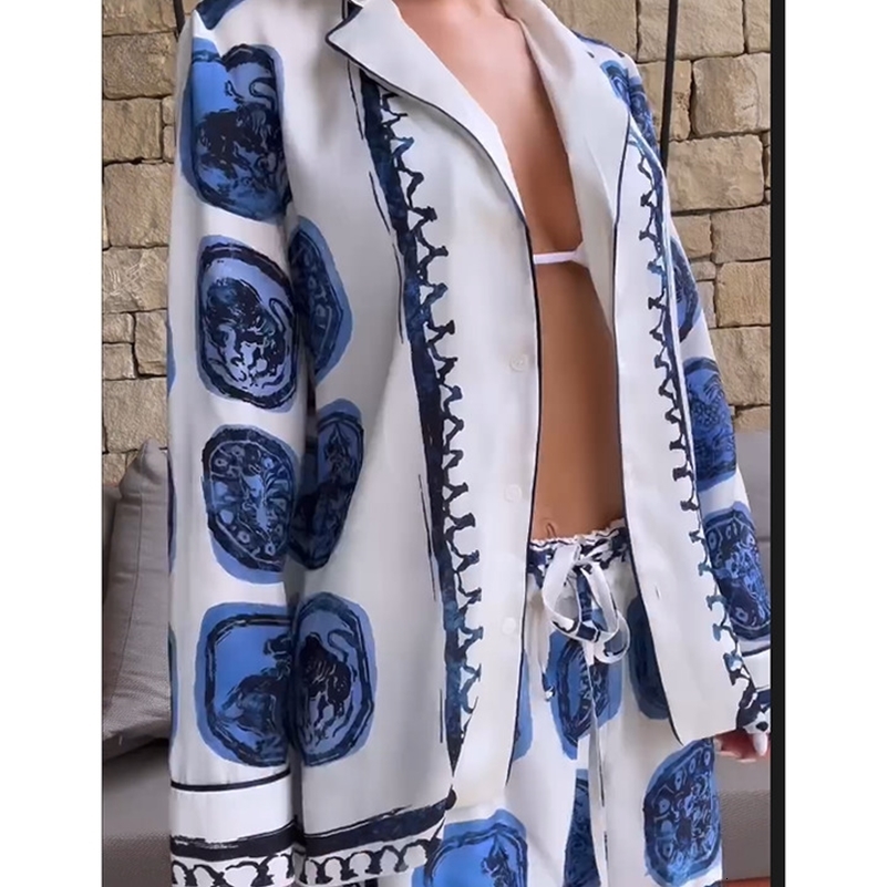 TRAFZA Casual Print Set Womens VNeck Lapel Buttons Long Sleeve Blouse With Pants for 2025 Spring Vacation Picnic Date Set 250918