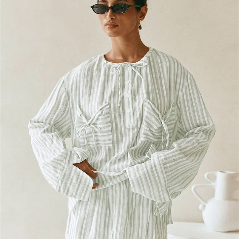 Clacive Fashion Loose Stripe Cotton Womens Two Pieces Set Elegant Long Sleeve Shirt With High Waist Shorts Set Female 250918