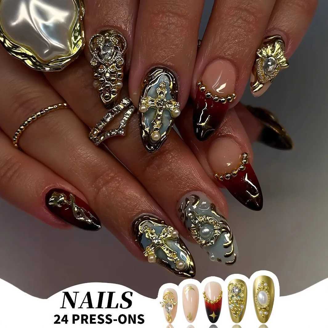 24pcs Retro Almond Press on Nails False Nails with Golden Decoration Wearable Stickon Nails Fake Nail Uas W250919