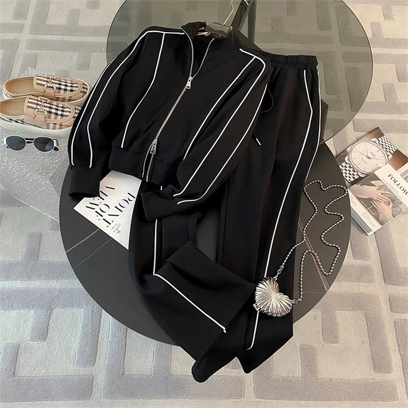 Highend Chic Two Piece Sets Women Casual Zip Jacket Straight Pants Ladys Set Versatile Cozy Sportswear Spring Autumn Tracksuit 250918
