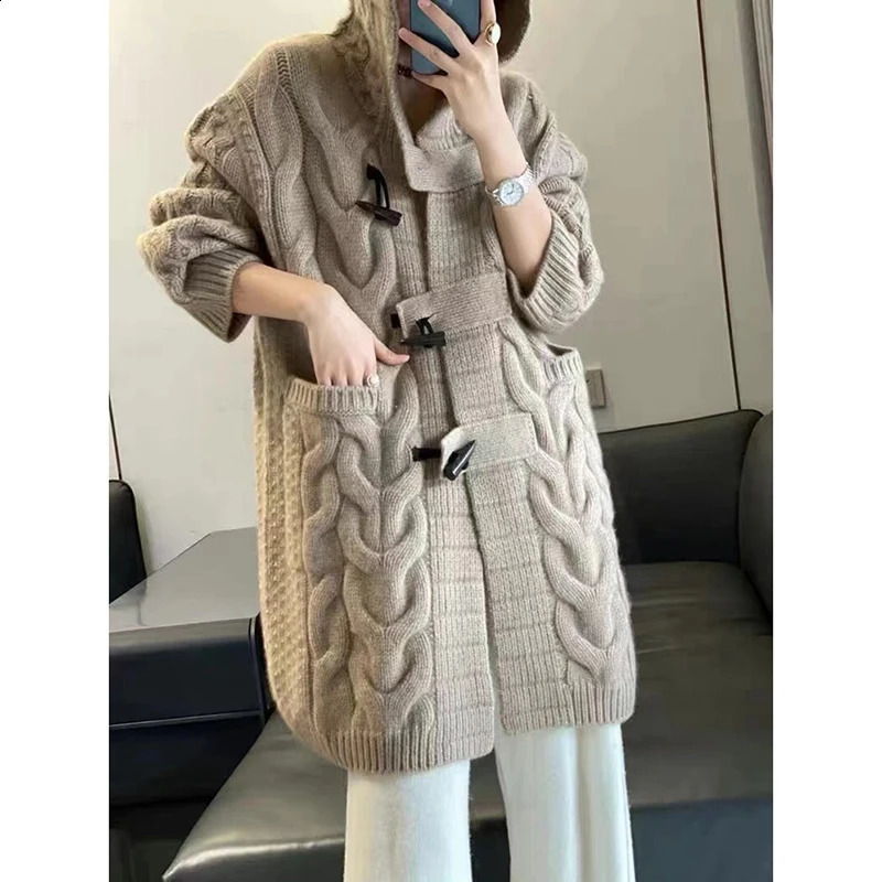 100 Pure Merino Wool Sweater Woman Hooded Collar Longstyle Cardigan Knit Top Autumn Winter Warmth Thick Horn Button Outwear 250919