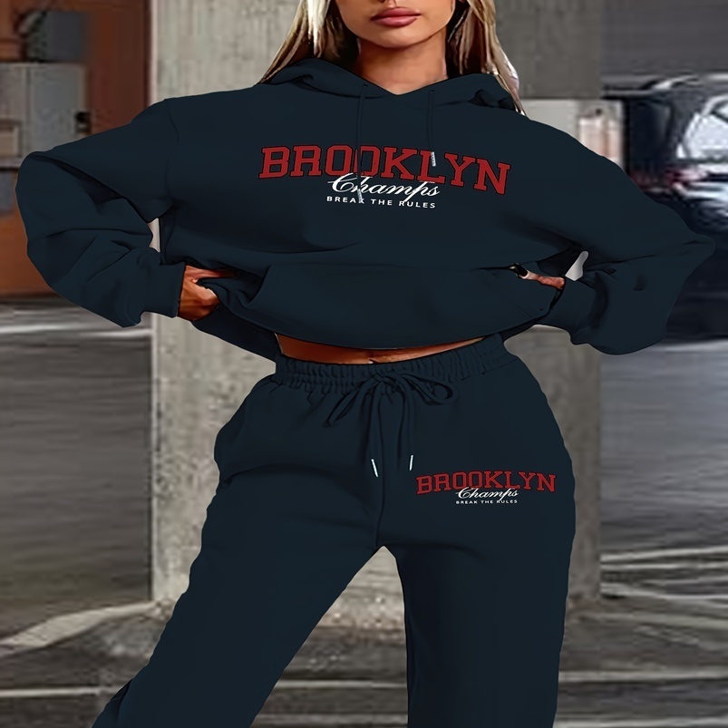 Womens Cool Printed Casual Pants Set Long Sleeve Pocket Hoodie and Drawstring Letter Print Loose Sweatshirt Trousers 250919