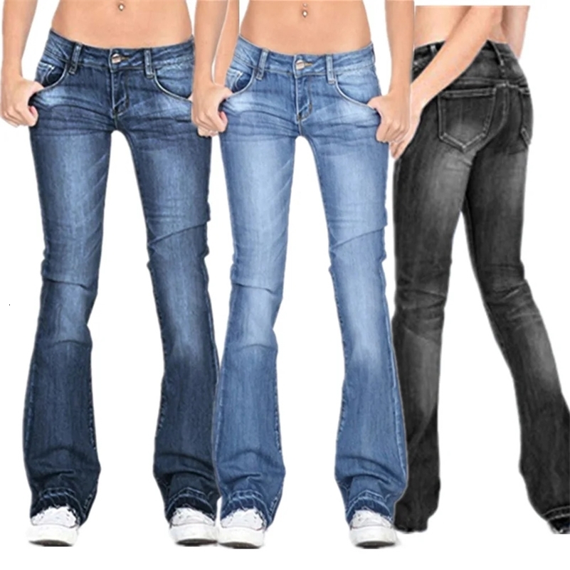 Women Washed Jeans Flare Pants Denim Mid Waist Slim Fit Pockets Button Solid Colour Vintage Full Length Casual Denims Trousers 250918
