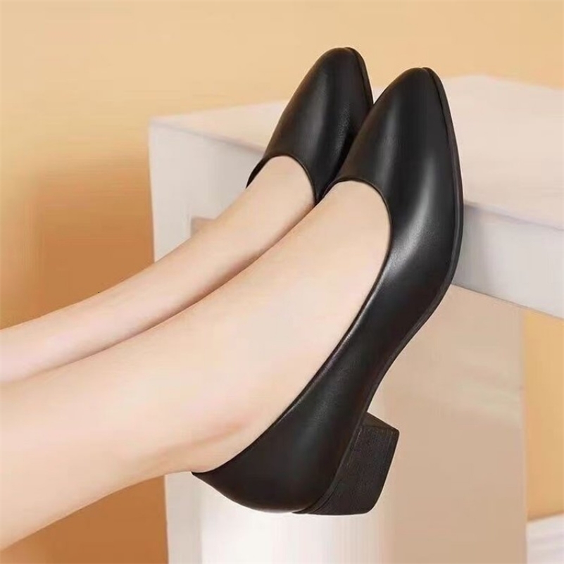 Arrival Womens LowHeel Pumps Black Genuine Leather Formal Shoes SlipOn Comfortable MidHeel 250918CJ