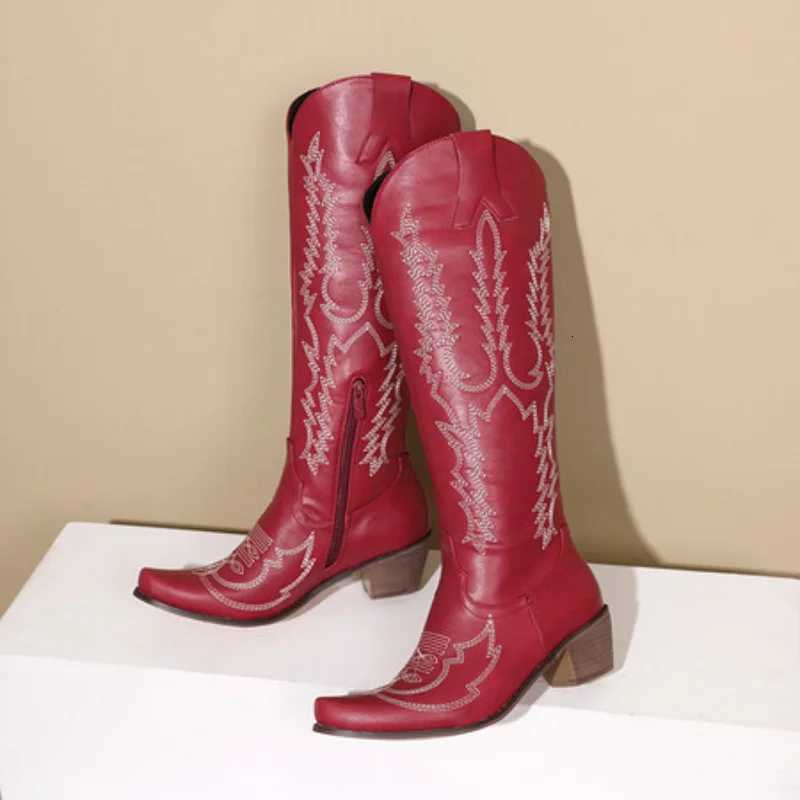 2025 Winter Embroidered Wide Knee High Boots Women Pointed Toe High Heels Long Boot Designer Red White Western Cowboy Boots W250919