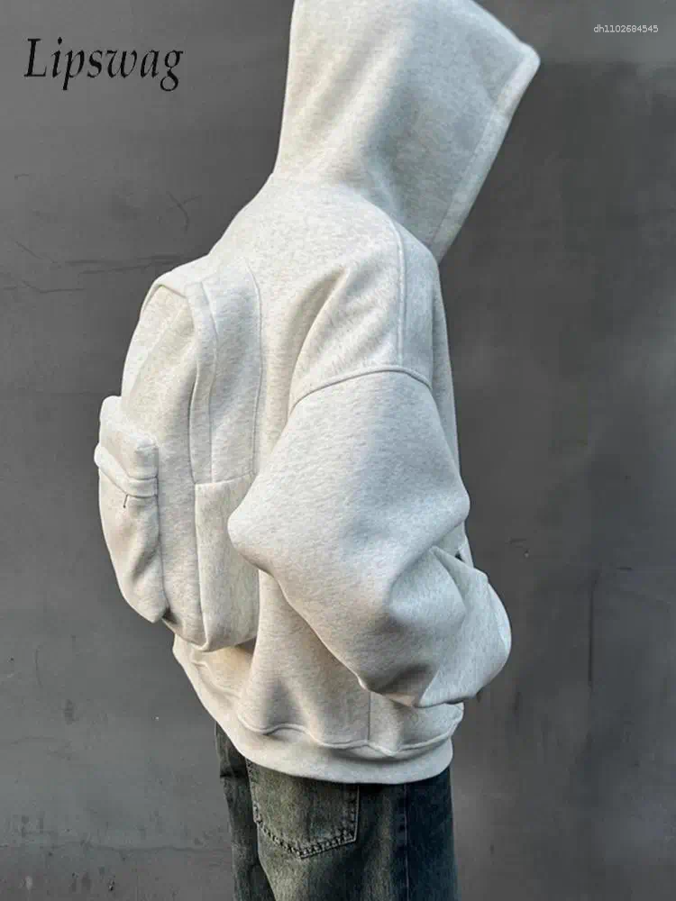 Men's Hoodies Fashionable Knapsack Design Mens Outdoor Casual Solid Color Hooded Sweatshirts Streetwear Trendy Loose Zipper Men Hoodie