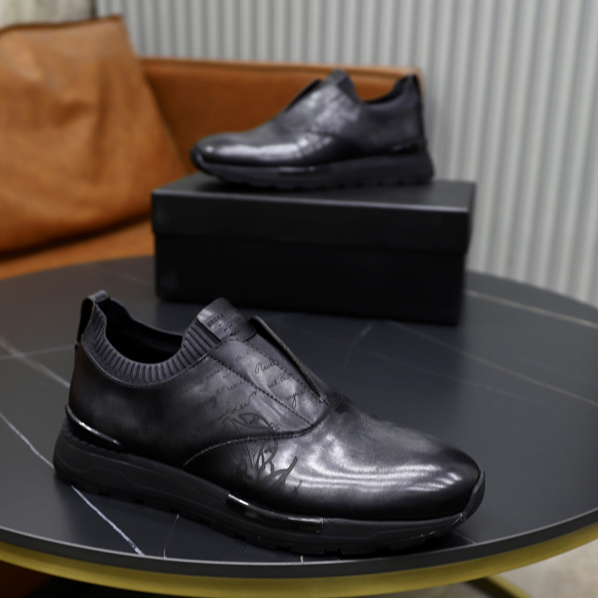Fashion Men Loafers Casual Shoes Fast Track Sneakers Italy High End Low Tops Black Leather Three-Dimensional Relief Scritto Patterns Designer Athlet