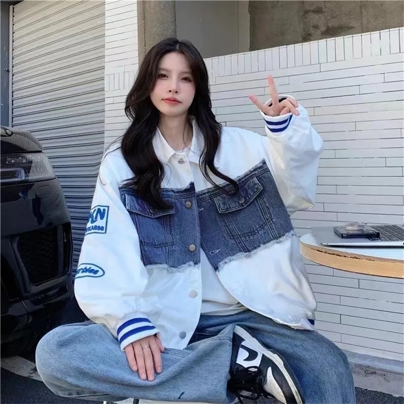 Spring Autumn Female Splicing Together Cow Coat Advanced Women Long Sleeves Jeans Jacket Lady Loose Baseball Denim Outwear 250918