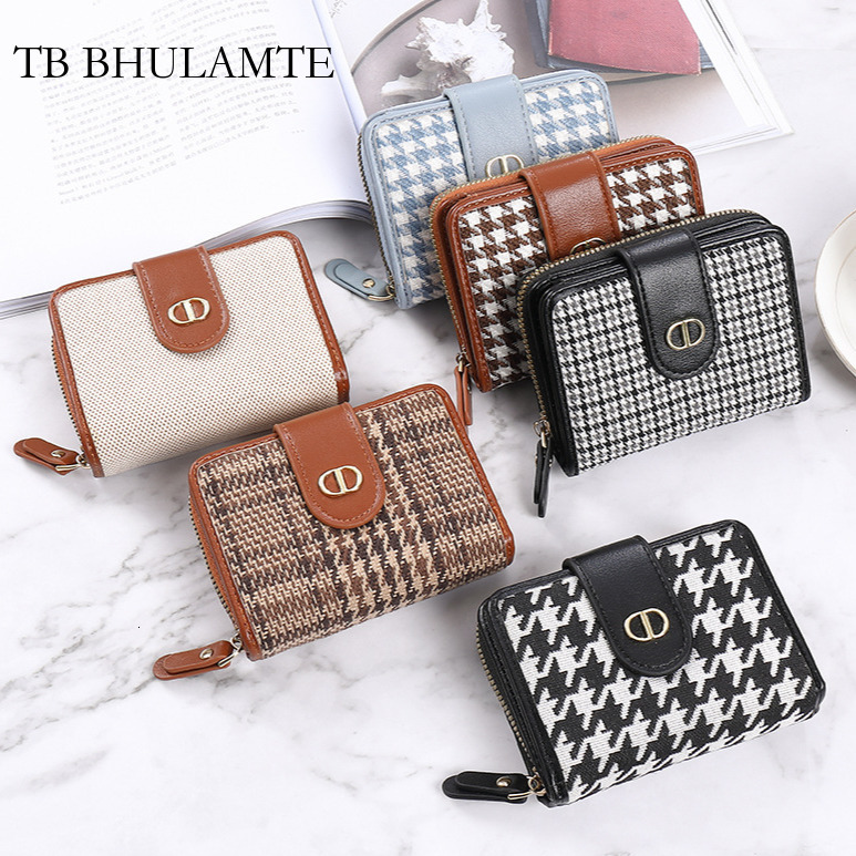 TB BHULAMTE New Designer Luxury Women's Wallet Short Buckle PU Houndstooth Handbag Multi Card Slot Anti Erase Magnetic Card Holder Zipper Coin