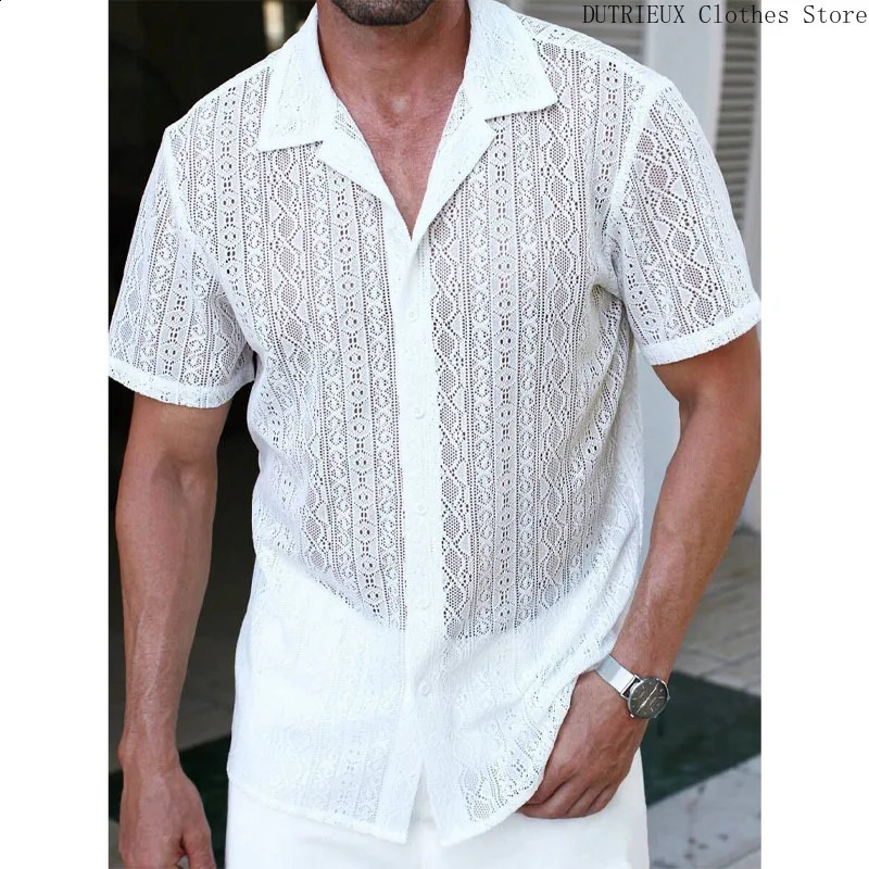 Casual Holiday Beach Mens Top Shirt Elegant Sexy Lace Seethrough Shortsleeved Breathable Sunscreen Shirts for Men 250919